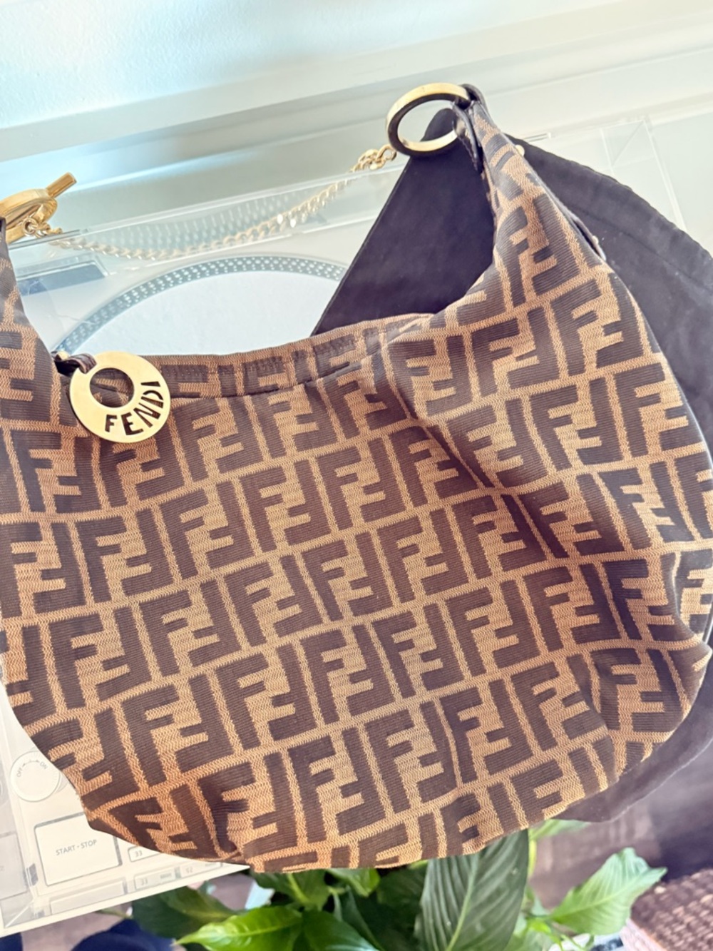 Fendi Zucca Mama Baguette Brown Canvas Gold Hardware Shoulder Bag w/ Dust Bag